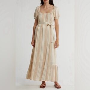 LoveStitch Striped Maxi Dress Natural Tan Puff Sleeve Tie Back Small NWT